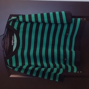 Karl Lagerfeld Top in Kelly Green & Black Stripe..Button Accents